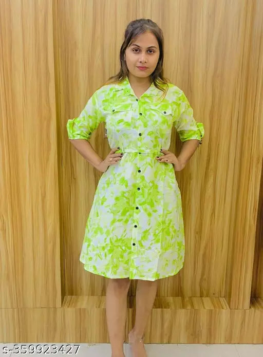 JKP COLLECTION Women's & Girls's Stylish Rayon Collared Shirt Flared Mini Dress with Waist Belt Neon