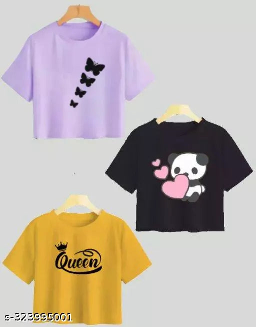 Trendy Feminine Printed Crop Tshirt Round Neck Top For Womens (Combo 3)