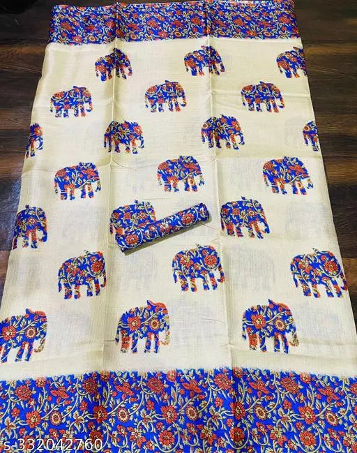 ELEPHANT PRINTED KHADI SILK BLENDED LIGHT WEIGHT COMFERTABLE WEAR SAREE WITH BLOUSE