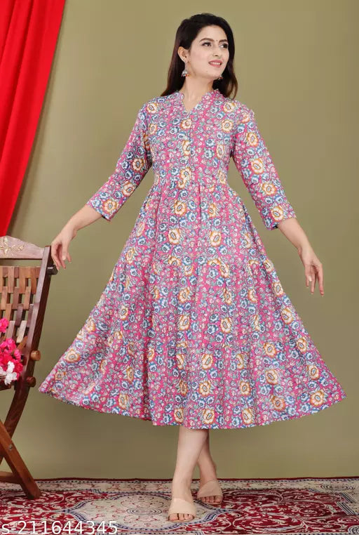 Shree Ganesh fashion's Cotton Anarkali Printed Pink  Kurti for women
