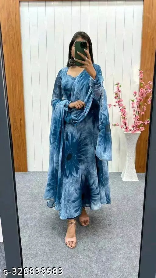 WOMEN ORGANZA LONG GOWN WITH LACE BORDER DUPTTA