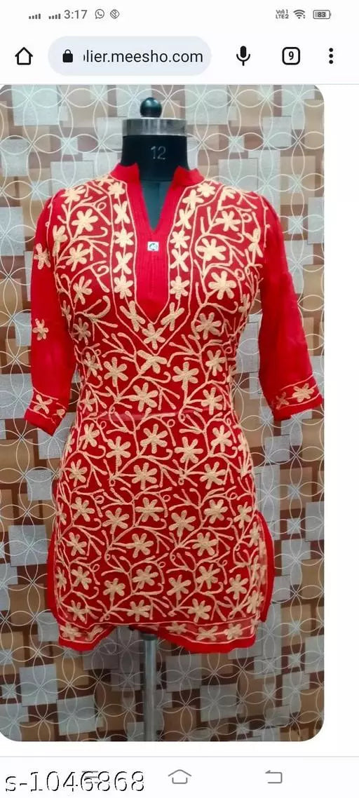 Women's Chikankari Red Georgette Kurti