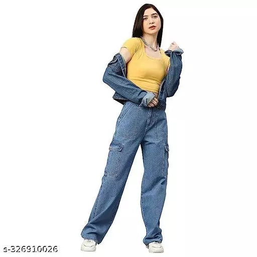 WOMEN LATEST CARGO TROUSERS | SOLID HIGH-RISE CARGO JEANS | 6 POCKET WIDE LEG DENIMS | 80'S ROCKER-CHIC INSPIRED CARGO PANTS | SIT ABOVE | NON-STRETCH FIT WITH A WIDE LEG | SPORTY LOOK LOOSE FIT DENIMS