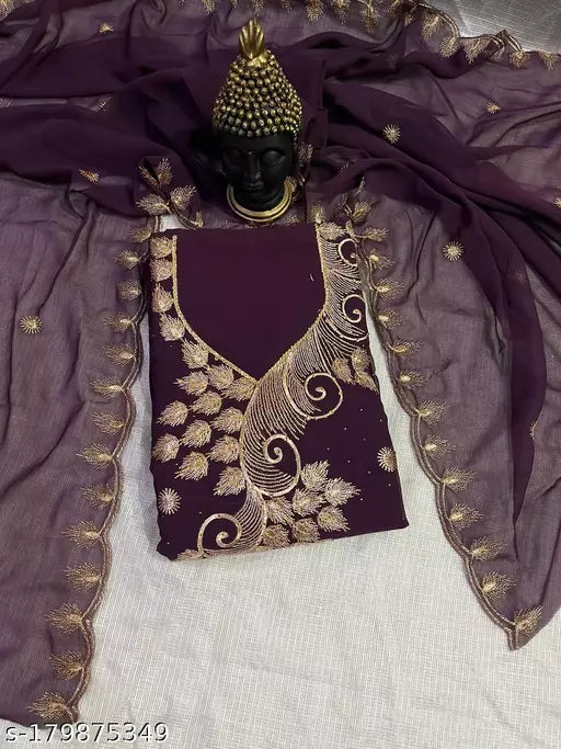 Women's Purple Botanical Embroidered Georgette Suits & Dress Materials