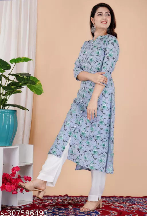 Stylish Womens kurtis Gray Color Ethnic Motif Printed Straight Kurti