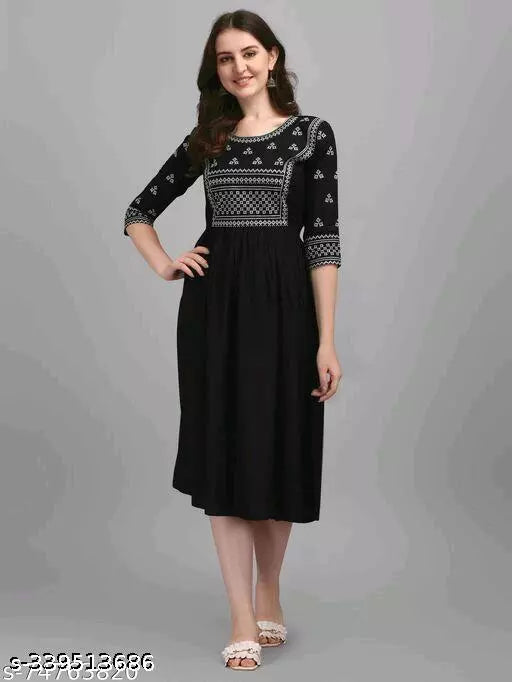 Stylish Women's Black Rayon Embroidered Kurta: Perfect Ladies Dress Design