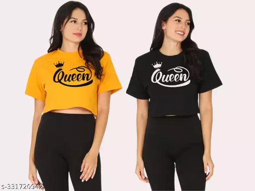 Trendy Feminine Printed Crop Tshirt Round Neck Top For Womens(Pack Of 2)