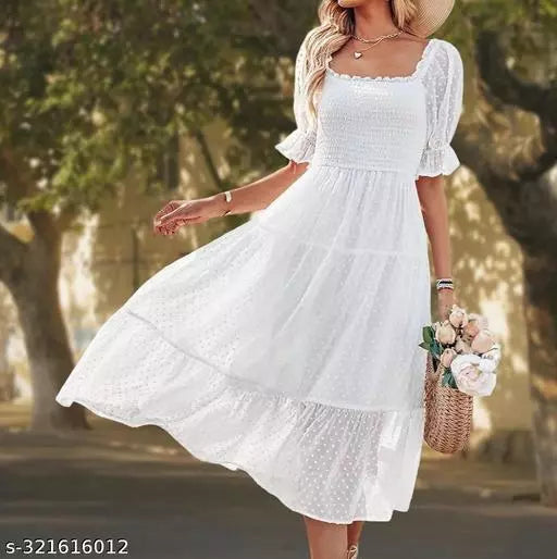 White Georgette Smocked Midi Dress with Short Puff Sleeves and Square Neck
