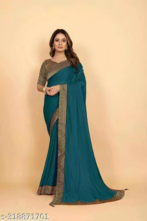 Bhagalpuri Soft Silk Black Lace border TEAL Saree With NEW MAHARANI BLACK  BORDER Blouse BY KRADDLE
