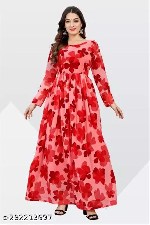 QVAZOR Stylish Fancy Trendy Printed Georgette Gown For Women For Party Wedding Festival Functions
