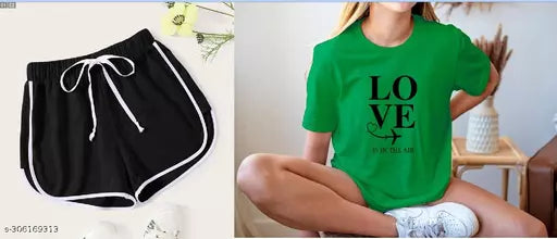 Vivient Women Black Shorts and Green Love Printed T-Shirt Combo