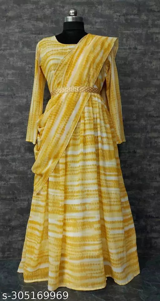 QVAZOR Stylish Fancy Trendy Printed Georgette Gown For Women For Party Wedding Festival Functions