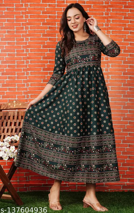 Shree Ganesh fashion's Rayon Anarkali Printed Green Gold Gold  Kurti for women