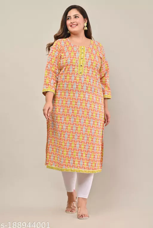 Swasti Plus Size Women Printed Pure Cotton Plus Size Straight Kurta (Peach)