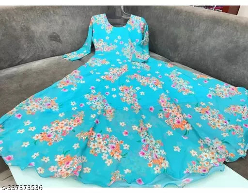 QVAZOR Stylish Fancy Trendy Printed Georgette Gown For Women For Party Wedding Festival Functions