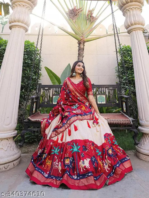 Elegant Pink and Cream Red Printed Lehenga Choli with Dupatta - Foil Print & Gotta Patti Patola - Part of Gujarati Collection - Ethnic Attire