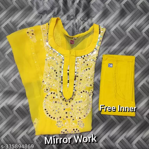 georgette long chikankari G/B kurti and inner with mirror work.