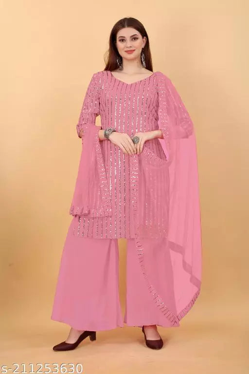Women's Faux Georgette Sequence Embroidery Work Unstitched kurta(Dress Matirial) With Full Stitched Sharara and dupatta