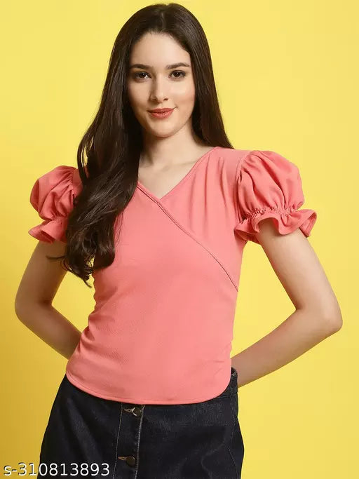 Women Pink Solid Puff Sleeve Wrap Top (Women Top | Women Tops | Top)
