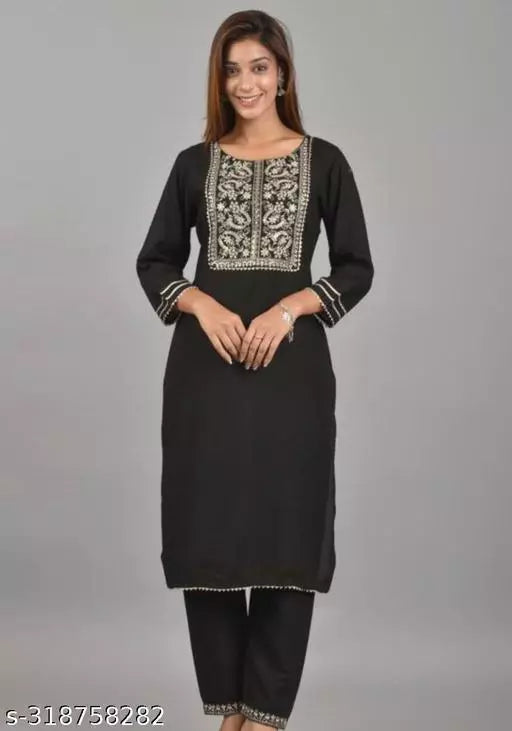 Women's Rayon Embroidered Staight Kurta and Pant Set For Woman & Girls