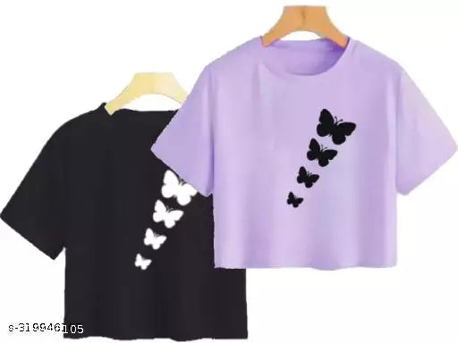 Trendy Feminine Printed Crop Tshirt Round Neck Top For Womens (Combo2)