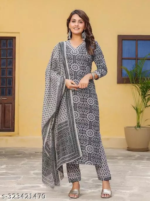 Anni Designer Women's Black Ethnic Motifs Printed Kurta with Trouser & Dupatta