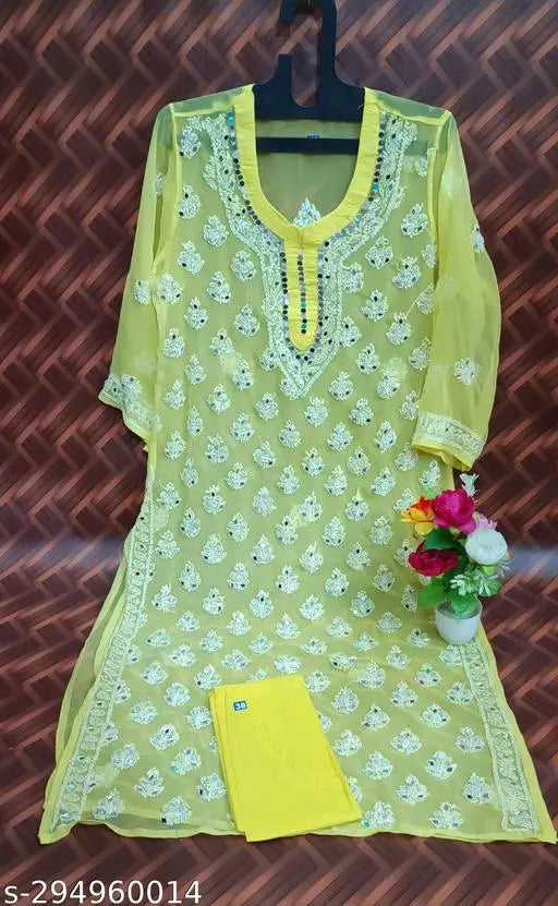 Mirror work Booty Jaal Chikankari Handwork Kurti with Inner.