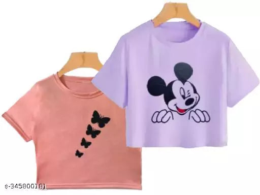 Trendy Feminine Printed Crop Tshirt Round Neck Top For Womens