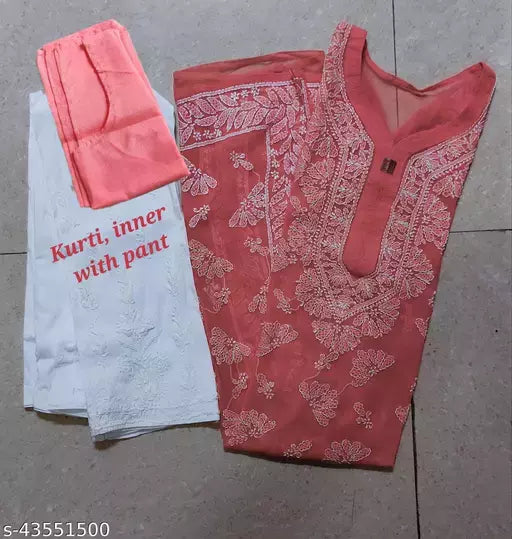 Handwork Chikankari Butterfly Chiffon kurti set+pant+inner.