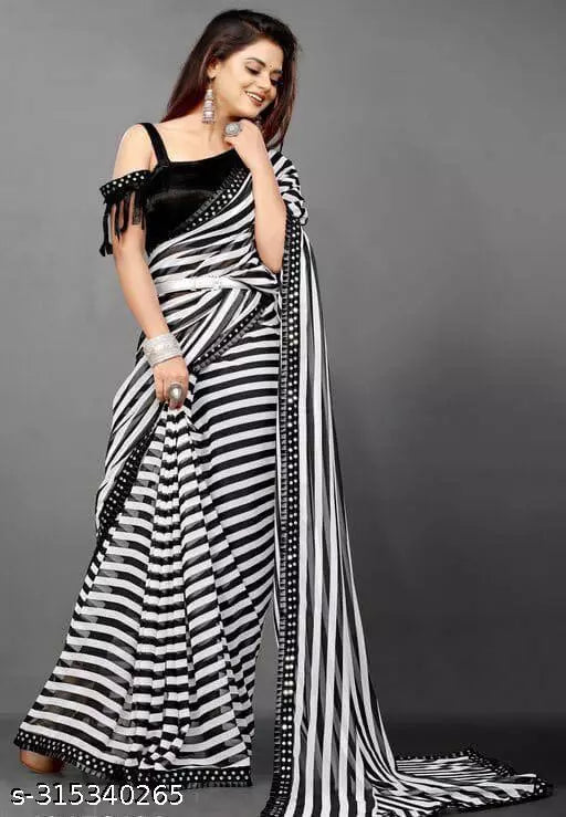 Banarasi Lycra Blend Zebra Patta Black and White Line Party Wear Saree By Kraddle