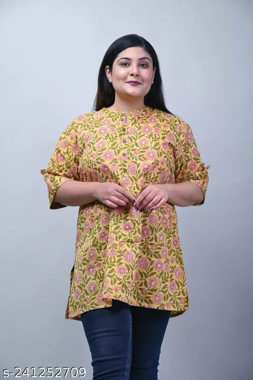 Plus Size- Casual Regular Sleeves Printed Mustard Women  Top