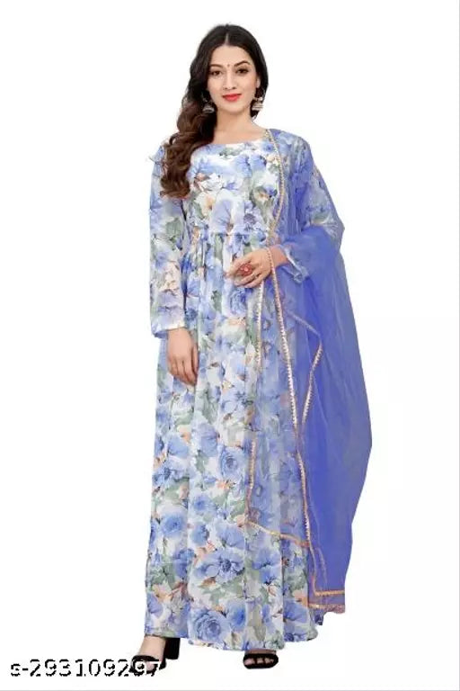 QVAZOR Stylish Fancy Trendy Printed Georgette Gown For Women For Party Wedding Festival Functions