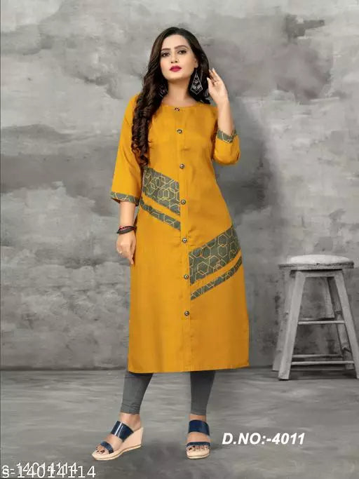 Women Cotton Blend Straight Printed Mustard Kurti