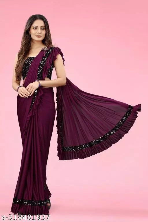 Ready To Wear Lycra Freel Fancy Party Wear Sarees Purple Colour Sarees with sequance blouse BY Kraddle