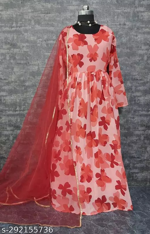 QVAZOR Stylish Fancy Trendy Printed Georgette Gown For Women For Party Wedding Festival Functions