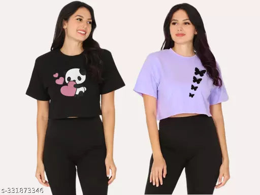 Trendy Feminine Printed Crop Tshirt Round Neck Top For Womens(Pack Of 2)