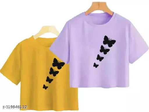 Trendy Feminine Printed Crop Tshirt Round Neck Top For Womens (Combo2)