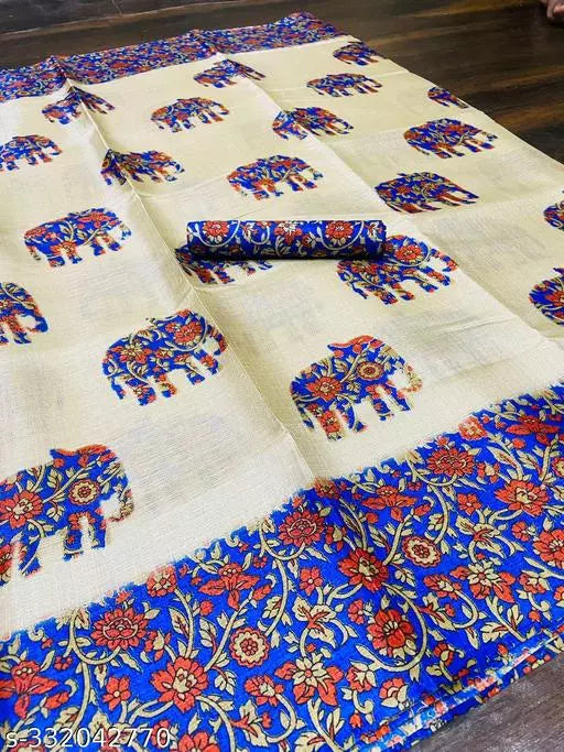 ELEPHANT PRINTED KHADI SILK BLENDED LIGHT WEIGHT COMFERTABLE WEAR SAREE WITH BLOUSE