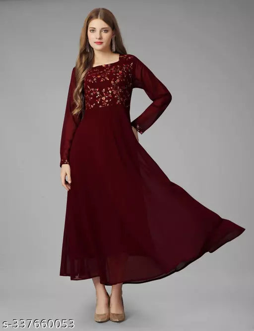 Exquisite Georgette Long Dress - Elegant Party Wear Maroon Gown for Women and Ladies