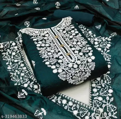 Blue Chanderi Cotton Unstiched Chudidar Patiala Punjabi ChainStich Work Embroidered Party Wear Salwar Suits & Dress Materials