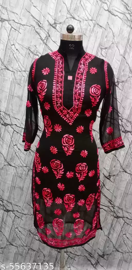 Chikankari  Shaded Rose Georgette Long kurti.