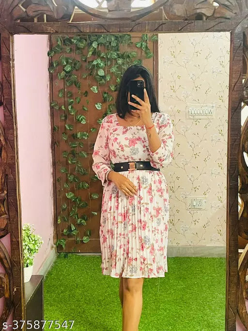 JKP COLLECTIONs Womens & Girls A-Line Dress  Casual Wear Printed & Short Sleeve Dress Fabric Cotton In Color White Pink