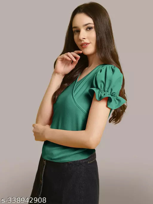 Women Mint Green Solid Puff Sleeve Wrap Top (Women Top | Women Tops | Top)