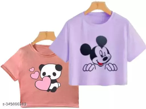 Trendy Feminine Printed Crop Tshirt Round Neck Top For Womens