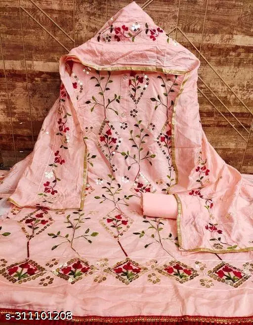 Explore new Womens Hit Designs Peach  Fancy Chanderi Cotton Unstiched Suits Multi Work Sequence Embroidered Salwar suits & Dress Materials