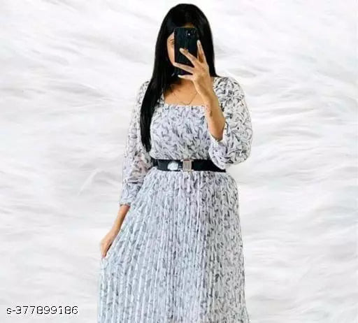 Jkp Collections Women & Girl Casual Dress  Floral Print  Georgette Fabric  Knee Lenth In Color Grey Tota