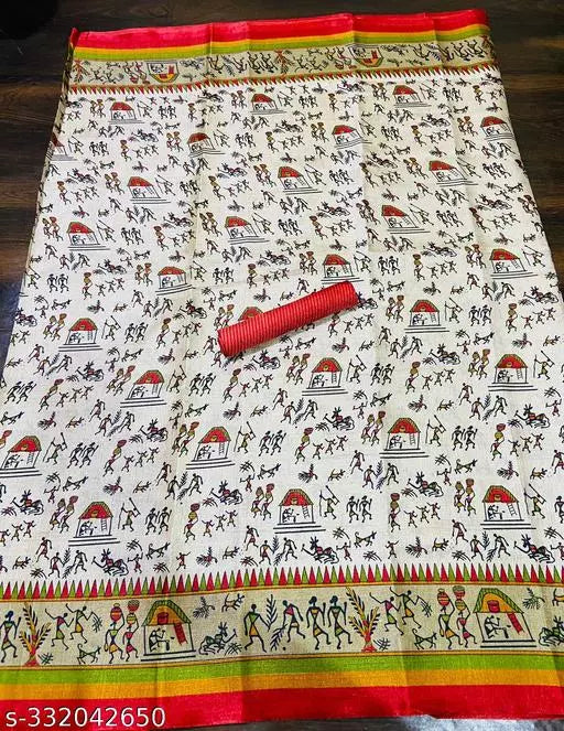 WARLI PRINTED KHADI SILK BLENDED LIGHT WEIGHT COMFERTABLE WEAR DESIGNER SAREE WITH BLOUSE