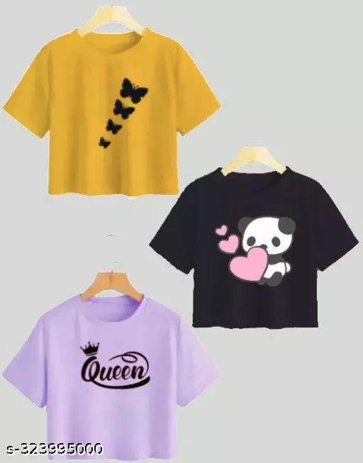 Trendy Feminine Printed Crop Tshirt Round Neck Top For Womens (Combo 3)