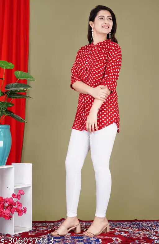 Shree Fashion Maroon Rayon Baandhej  Print Top