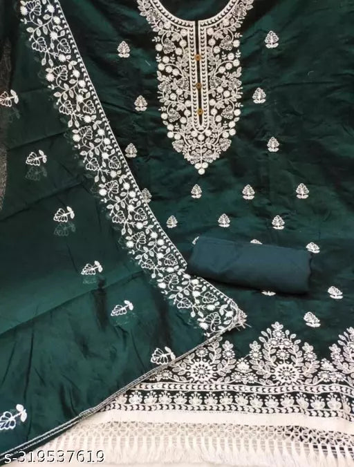 Women's Heavy Cotton Embroidery Work Unstitched Salwar Suit Dress Material With Chanderi Work Dupatta